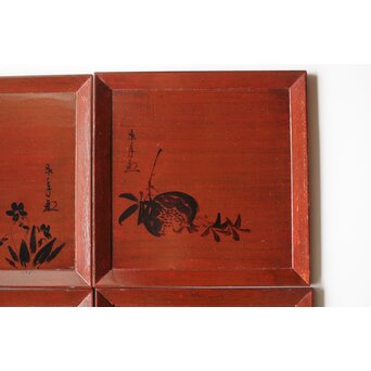 平安象彦造 今尾景年画 図替 桐溜柿合四方盆十客 共箱　Q368 