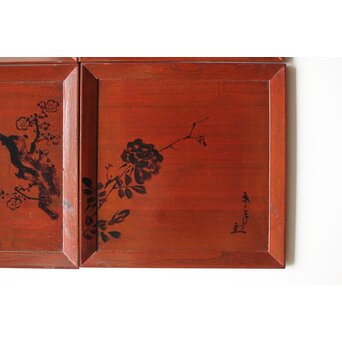 平安象彦造 今尾景年画 図替 桐溜柿合四方盆十客 共箱　Q368 