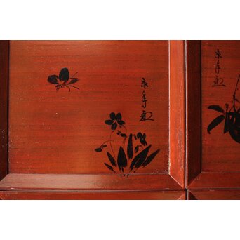 平安象彦造 今尾景年画 図替 桐溜柿合四方盆十客 共箱　Q368 