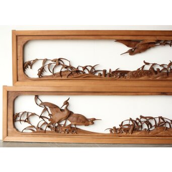 横山典行 井波木彫欄間 鷺 2枚1組　R0434 