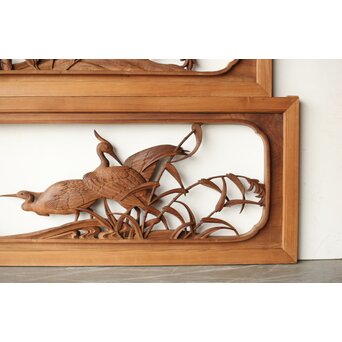 横山典行 井波木彫欄間 鷺 2枚1組　R0434 