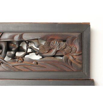 寺院欄間 木彫松竹梅に鳳凰 2枚1組　R0439 