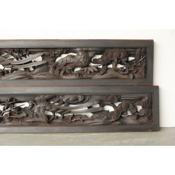 寺院欄間 木彫松竹梅に鳳凰 2枚1組　R0439 