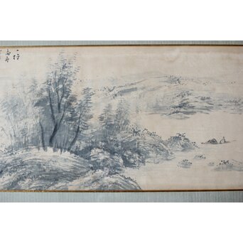 大作 松林桂月『風月漁家図』紙本額装 白井烟嵓 鑑題シール 二代中村蘭台印章　Z558 