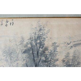 大作 松林桂月『風月漁家図』紙本額装 白井烟嵓 鑑題シール 二代中村蘭台印章　Z558 