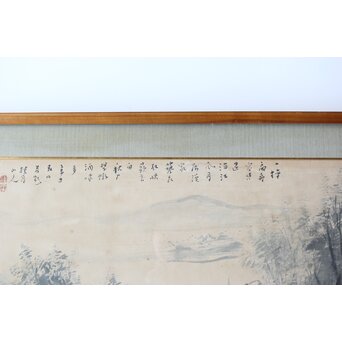 大作 松林桂月『風月漁家図』紙本額装 白井烟嵓 鑑題シール 二代中村蘭台印章　Z558 