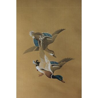 倣 松村景文 群鴨図 絹本軸装　Z560 