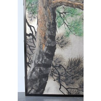 堀田秀叢 鷹松図 一双 銀屏風　Z563 