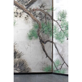 堀田秀叢 鷹松図 一双 銀屏風　Z563 