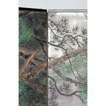 堀田秀叢 鷹松図 一双 銀屏風　Z563 