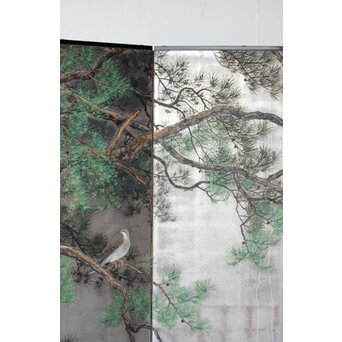堀田秀叢 鷹松図 一双 銀屏風　Z563 
