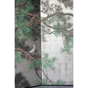 堀田秀叢 鷹松図 一双 銀屏風　Z563 