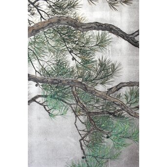 堀田秀叢 鷹松図 一双 銀屏風　Z563 
