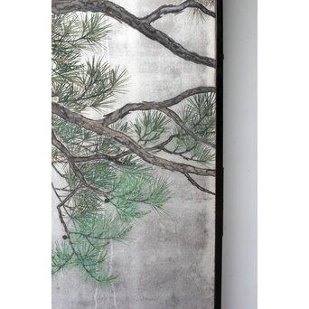 堀田秀叢 鷹松図 一双 銀屏風　Z563 