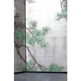 堀田秀叢 鷹松図 一双 銀屏風　Z563 