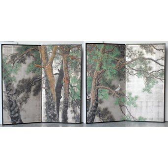 堀田秀叢 鷹松図 一双 銀屏風　Z563