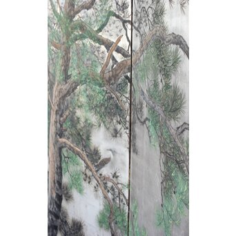 堀田秀叢 鷹松図 一双 銀屏風　Z563 