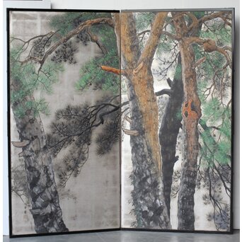 堀田秀叢 鷹松図 一双 銀屏風　Z563 