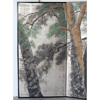 堀田秀叢 鷹松図 一双 銀屏風　Z563 