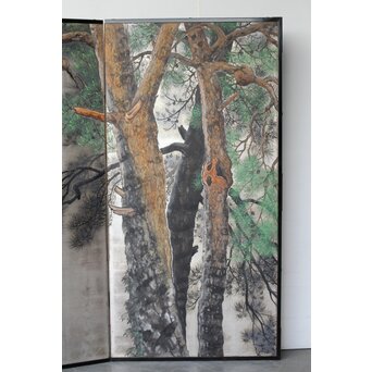 堀田秀叢 鷹松図 一双 銀屏風　Z563 