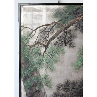 堀田秀叢 鷹松図 一双 銀屏風　Z563 