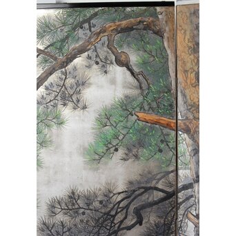 堀田秀叢 鷹松図 一双 銀屏風　Z563 