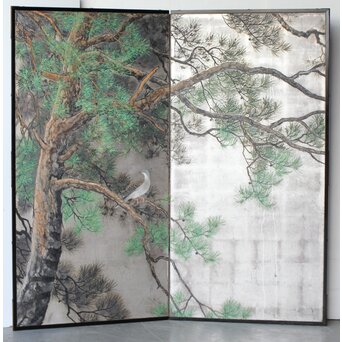 堀田秀叢 鷹松図 一双 銀屏風　Z563 