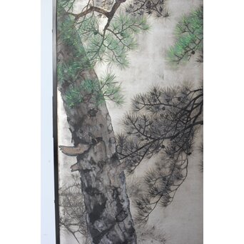 堀田秀叢 鷹松図 一双 銀屏風　Z563 