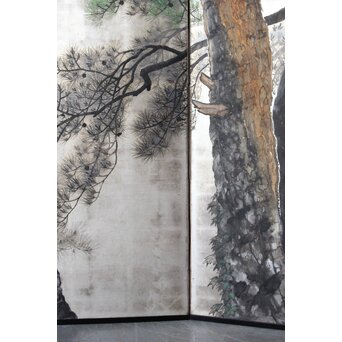 堀田秀叢 鷹松図 一双 銀屏風　Z563 