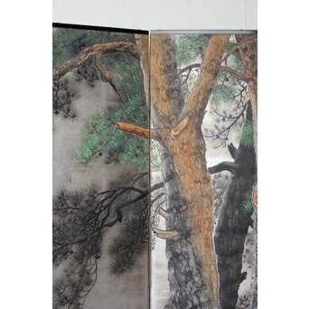 堀田秀叢 鷹松図 一双 銀屏風　Z563 