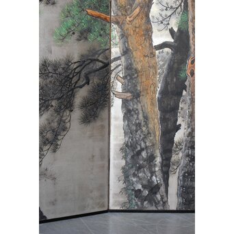 堀田秀叢 鷹松図 一双 銀屏風　Z563 