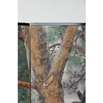 堀田秀叢 鷹松図 一双 銀屏風　Z563 