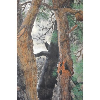 堀田秀叢 鷹松図 一双 銀屏風　Z563 