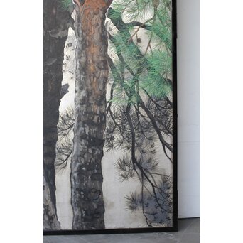 堀田秀叢 鷹松図 一双 銀屏風　Z563 