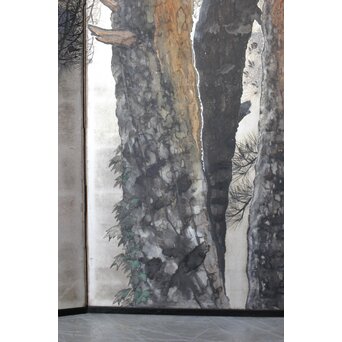 堀田秀叢 鷹松図 一双 銀屏風　Z563 