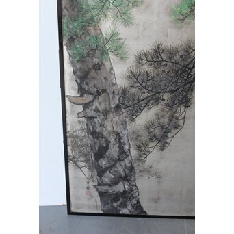 堀田秀叢 鷹松図 一双 銀屏風　Z563 
