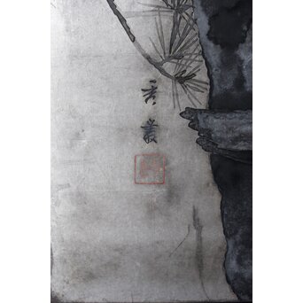 堀田秀叢 鷹松図 一双 銀屏風　Z563 