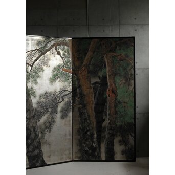堀田秀叢 鷹松図 一双 銀屏風　Z563 