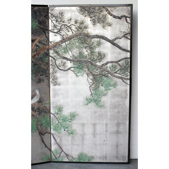 堀田秀叢 鷹松図 一双 銀屏風　Z563 