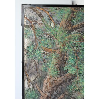 堀田秀叢 鷹松図 一双 銀屏風　Z563 