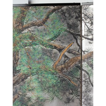 堀田秀叢 鷹松図 一双 銀屏風　Z563 