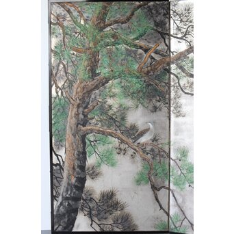 堀田秀叢 鷹松図 一双 銀屏風　Z563 