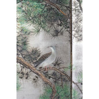 堀田秀叢 鷹松図 一双 銀屏風　Z563 