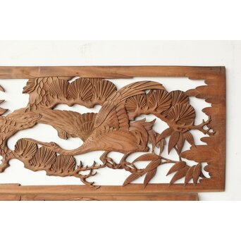 枠無 鶴松竹 堅木木彫欄間 2枚1組　R0445 