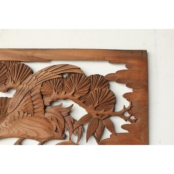 枠無 鶴松竹 堅木木彫欄間 2枚1組　R0445 