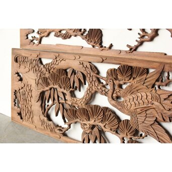 枠無 鶴松竹 堅木木彫欄間 2枚1組　R0445 