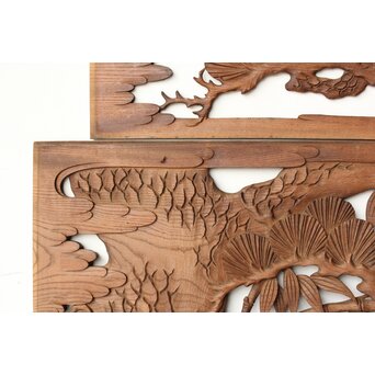 枠無 鶴松竹 堅木木彫欄間 2枚1組　R0445 