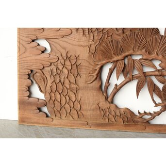 枠無 鶴松竹 堅木木彫欄間 2枚1組　R0445 