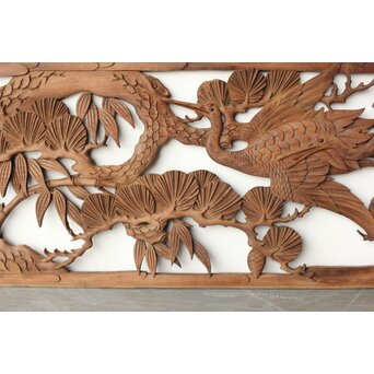 枠無 鶴松竹 堅木木彫欄間 2枚1組　R0445 