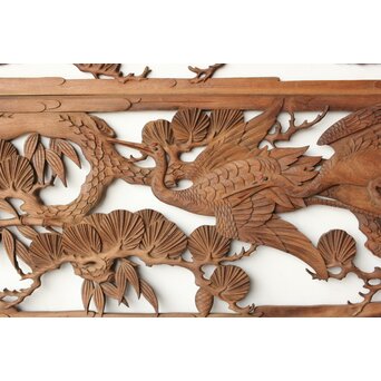 枠無 鶴松竹 堅木木彫欄間 2枚1組　R0445 